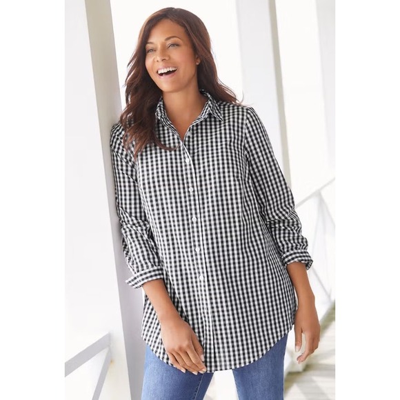 Woman Within Tops - Perfect Black Gingham Tunic Top Long Sleeve Collared Button Down New 2x 26/28
